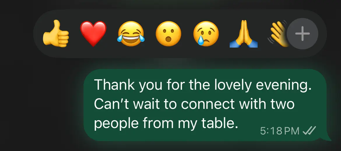 WhatsApp message from a guest: Thank you for the lovely evening. Can't wait to connect with two people from my table.